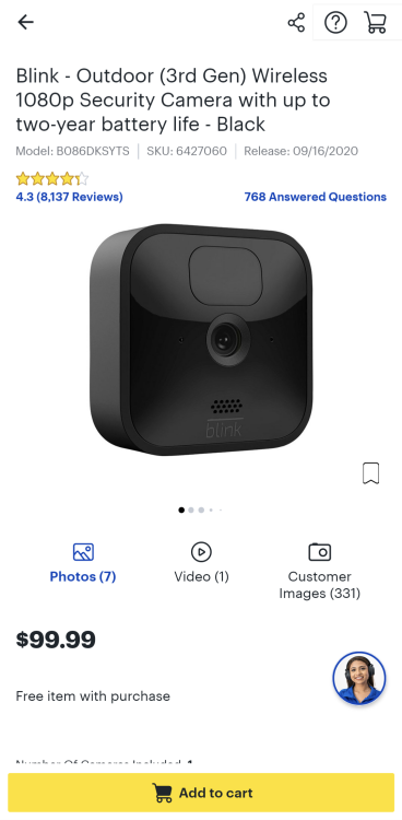 Camera an ninh ngoài trời Blink trên ứng dụng Best Buy.