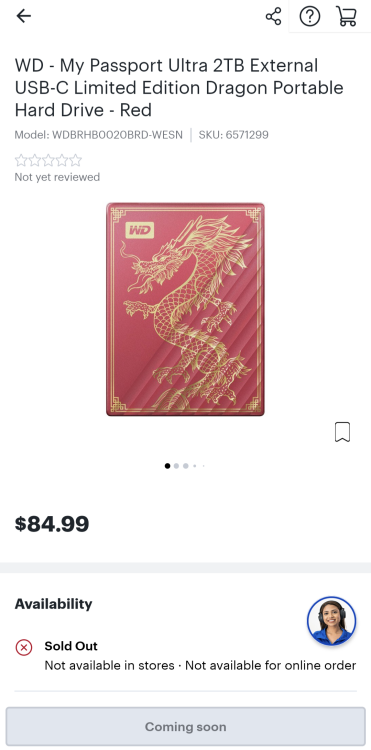 Ảnh chụp màn hình My Passport Ultra 2TB USB-C Limited Edition Dragon từ ứng dụng Best Buy.