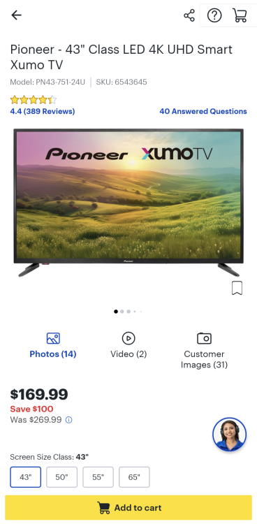 43" Ảnh chụp màn hình TV Xumo thông minh 4K UHD Pioneer Class LED từ ứng dụng Best Buy.