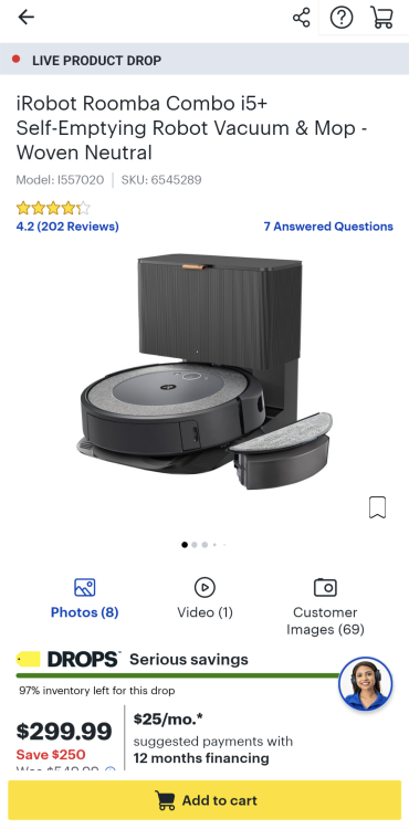 Ảnh chụp màn hình của iRobot Roomba Combo i5+ trên ứng dụng Best Buy Drop.