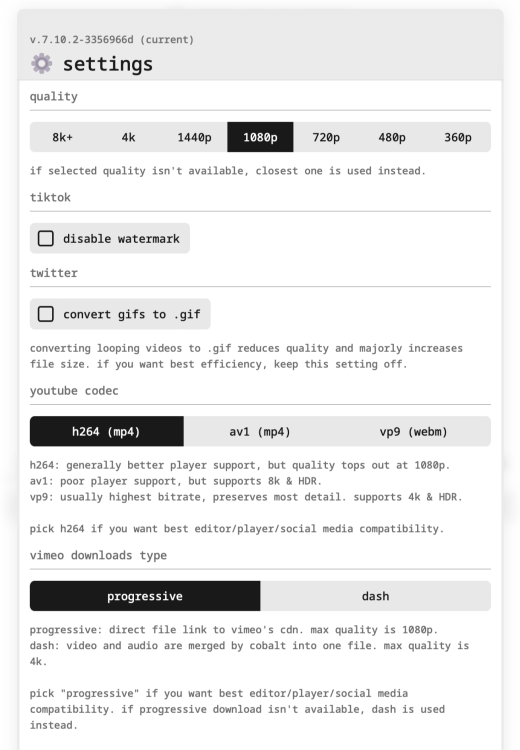 Đây là màn hình cài đặt cài đặt chính cho Cobalt với các cài đặt về độ phân giải video, tắt hình mờ của TikTok, tải xuống GIF từ Twitter và lựa chọn lấy codec nào từ YouTube. 