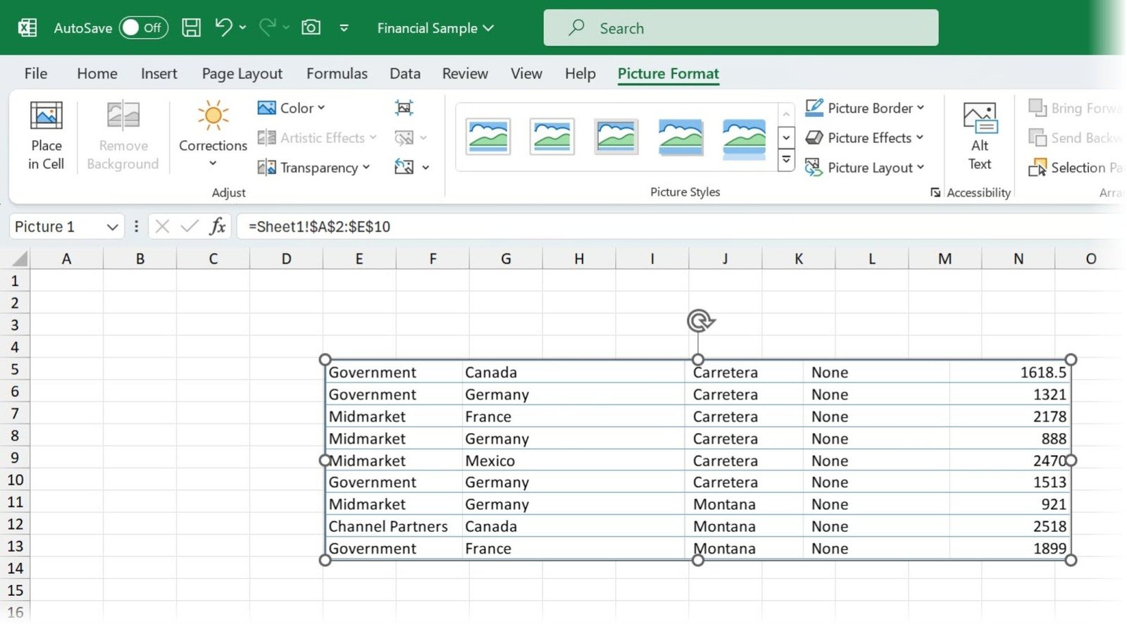 Dữ liệu được dán dưới dạng ảnh chụp nhanh bằng tính năng Camera trong Excel