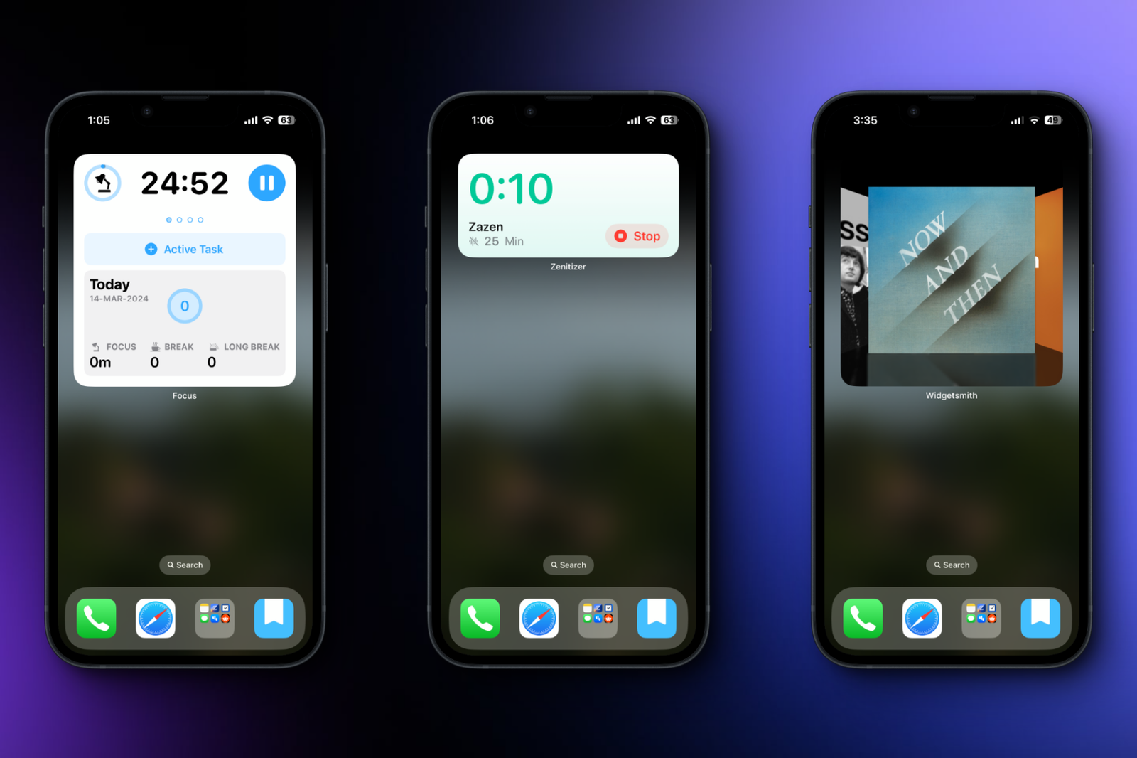 Các tiện ích Focus, Zenitizer và Widgetsmith trên iPhone.