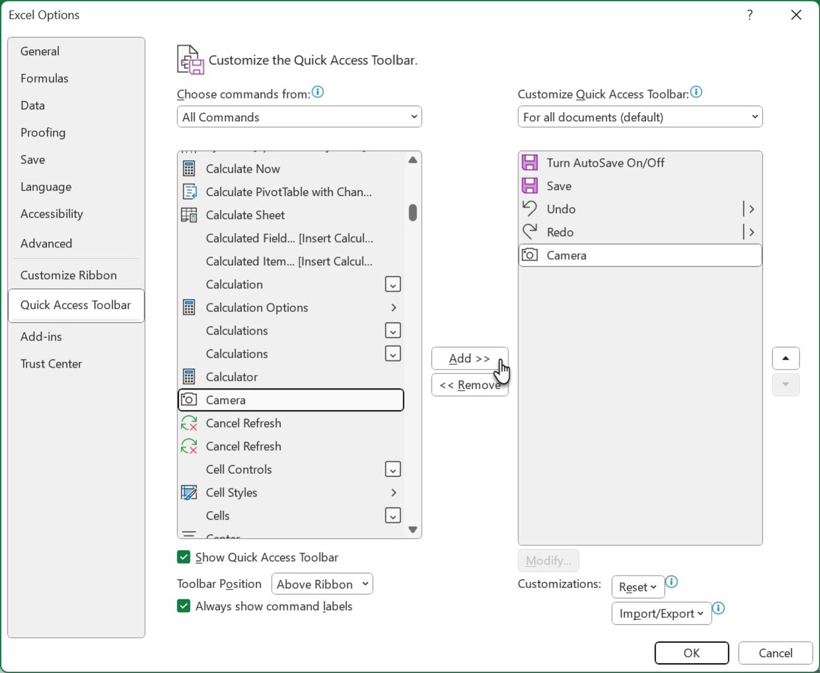 Thêm Camera từ danh sách bên trái vào hộp bên phải trong Microsoft Excel