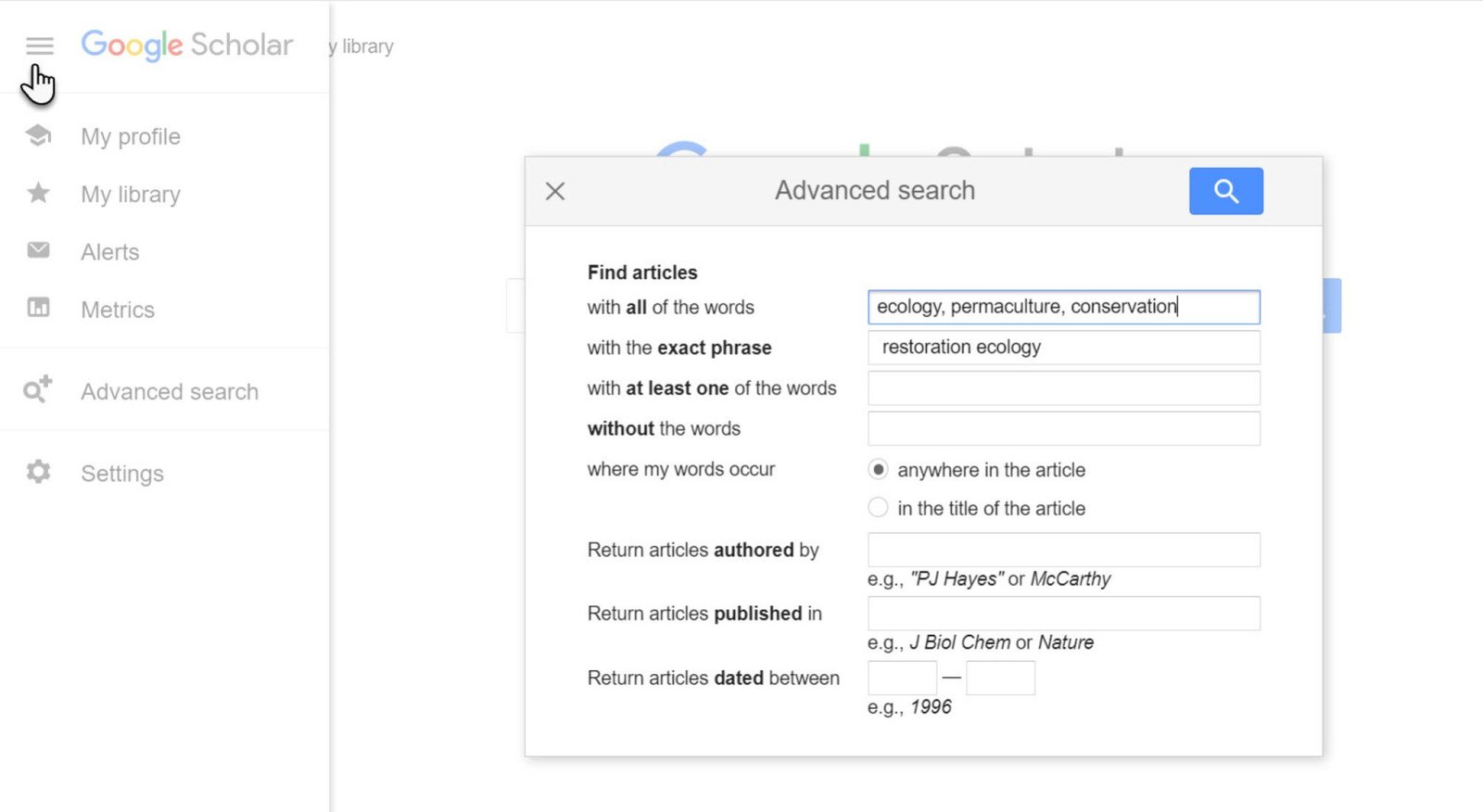 Tìm kiếm nâng cao của Google Scholar